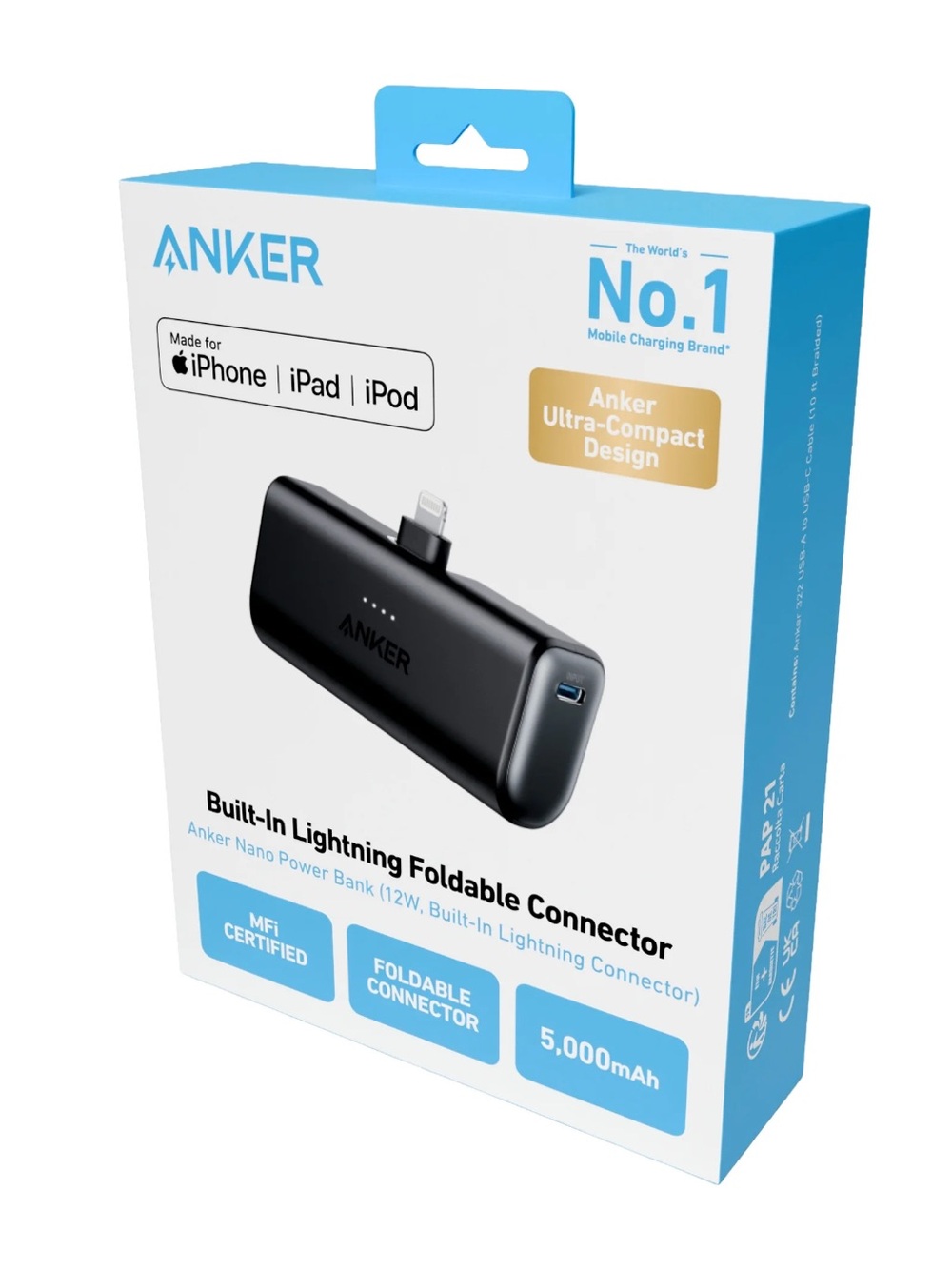 Anker Nano 5,000mAh Power Bank Built-In Lightning Connector 12W Portable Charger